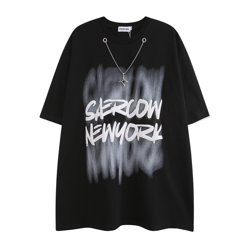 Blur print t-shirts casual loose t-shirt necklace unisex tee