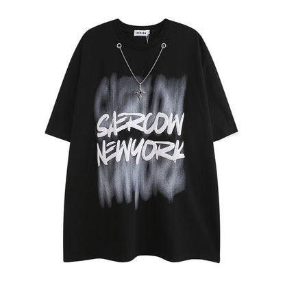 Blur print t-shirts casual loose t-shirt necklace unisex tee