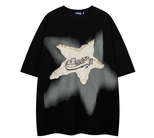 Blur Unisex five-pointed star patch embroidered hort-sleeved T-shirt