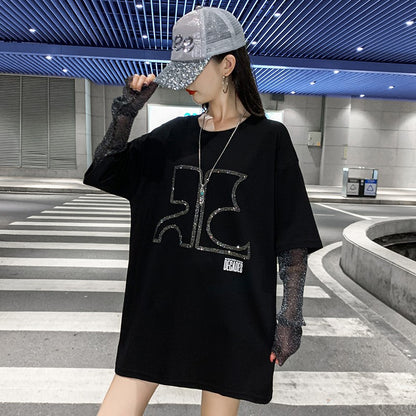 Splicing two-piece women hot diamond long sleeved t-shirt