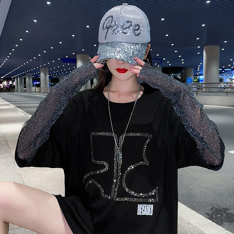 Splicing two-piece women hot diamond long sleeved t-shirt