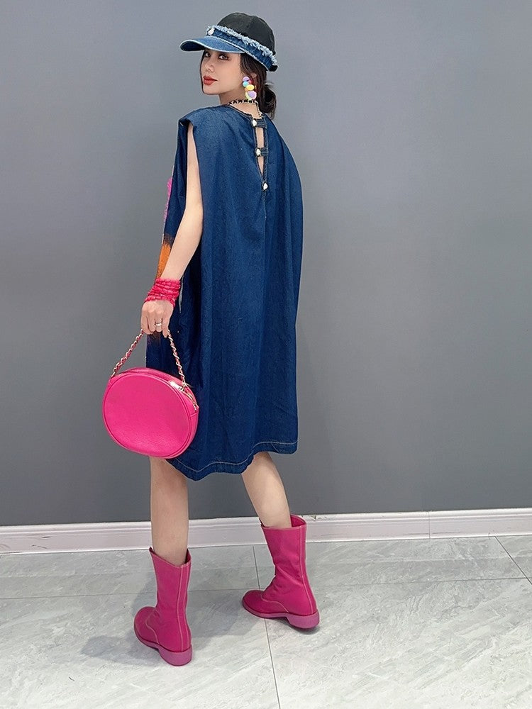 Mid length Denim Fashion Love Mesh Sleeveless Dress