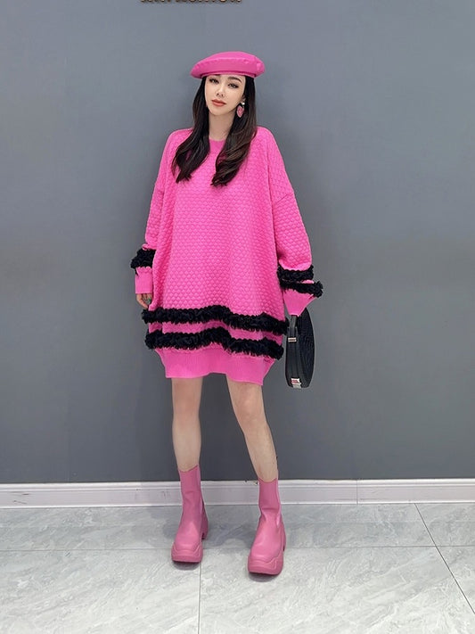 Pink Loose Size Sweater Pullover Mid-Length Knitted Top