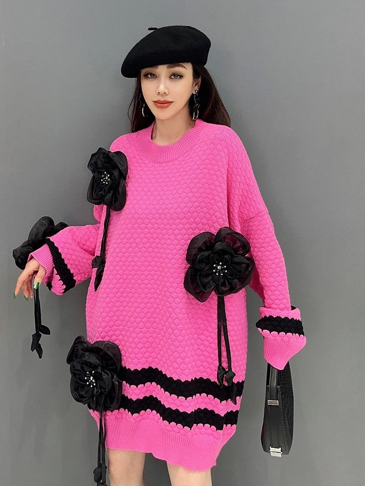 Women pink black flower mid length pullover knitted sweater