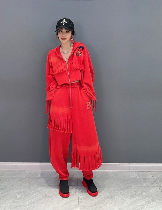 Red women hooded short tops casual trousers two-piece set