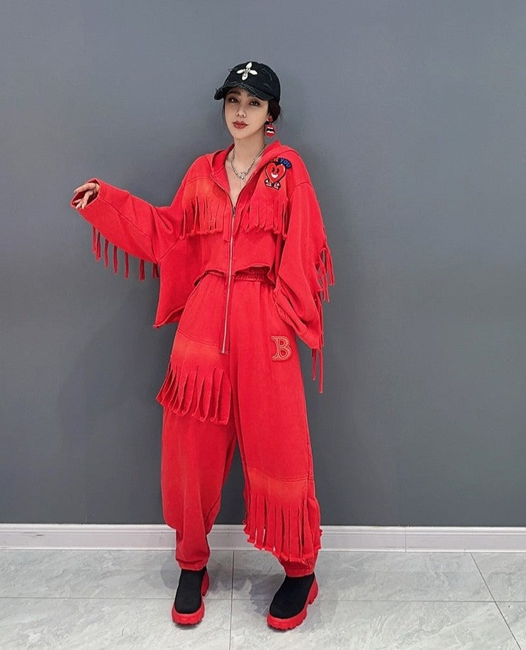 Red women hooded short tops casual trousers two-piece set