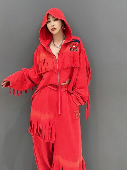 Red women hooded short tops casual trousers two-piece set