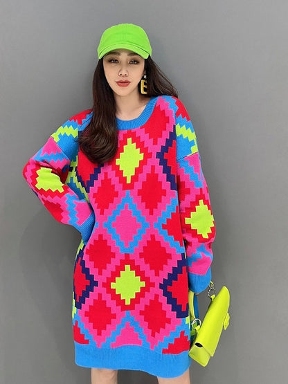 Women Color Blocked Diamond Grid Sweater Pullover Single Knitted