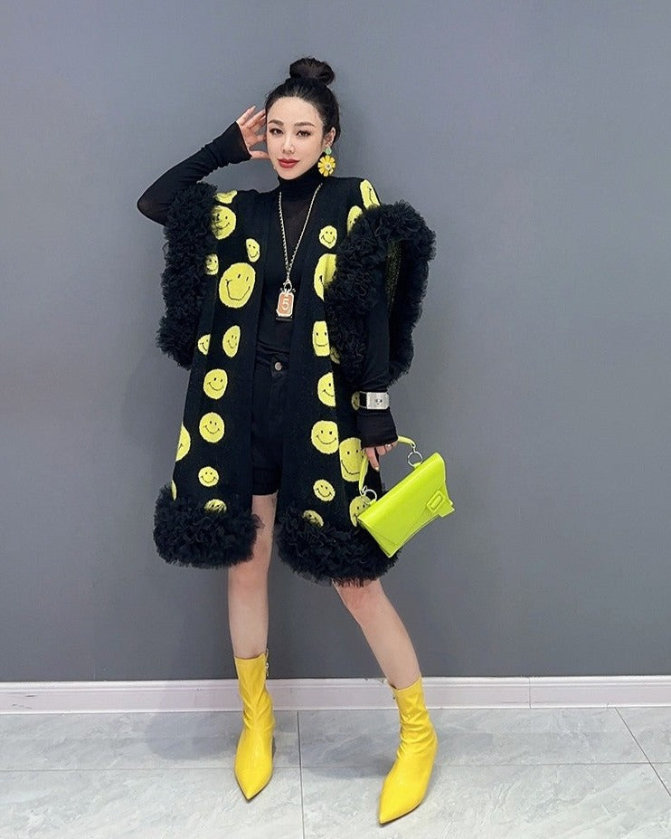 Women smiley face mesh vest knitted single-piece jacket