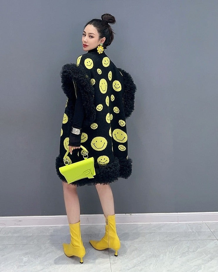 Women smiley face mesh vest knitted single-piece jacket