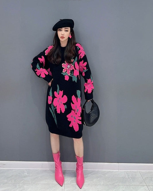 Flower knitted Sweater Mid-Length Dress Slimming Trendy