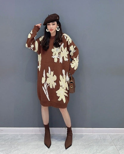 Flower knitted Sweater Mid-Length Dress Slimming Trendy