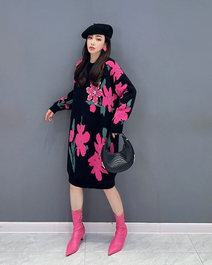 Flower knitted Sweater Mid-Length Dress Slimming Trendy