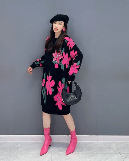 Flower knitted Sweater Mid-Length Dress Slimming Trendy