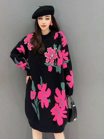 Flower knitted Sweater Mid-Length Dress Slimming Trendy