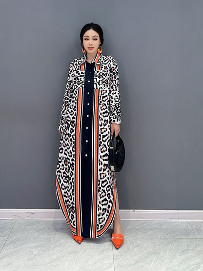 Leopard print dress POLO collar fashionable long dress