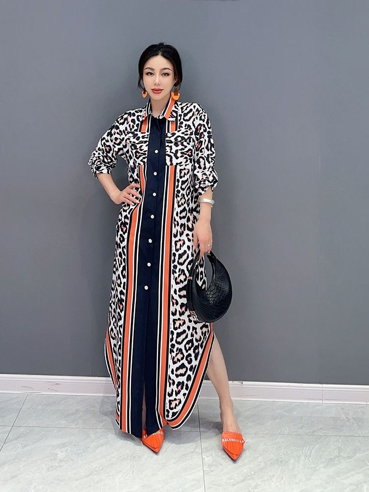 Leopard print dress POLO collar fashionable long dress