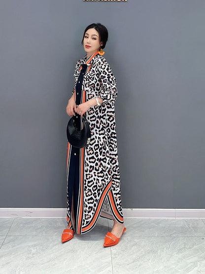 Leopard print dress POLO collar fashionable long dress