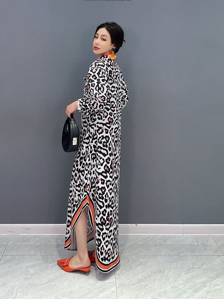 Leopard print dress POLO collar fashionable long dress