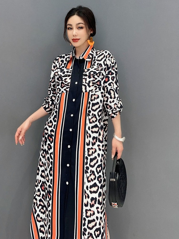 Leopard print dress POLO collar fashionable long dress