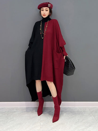 Fashionable knitted irregular turtleneck dress with bat sleeves