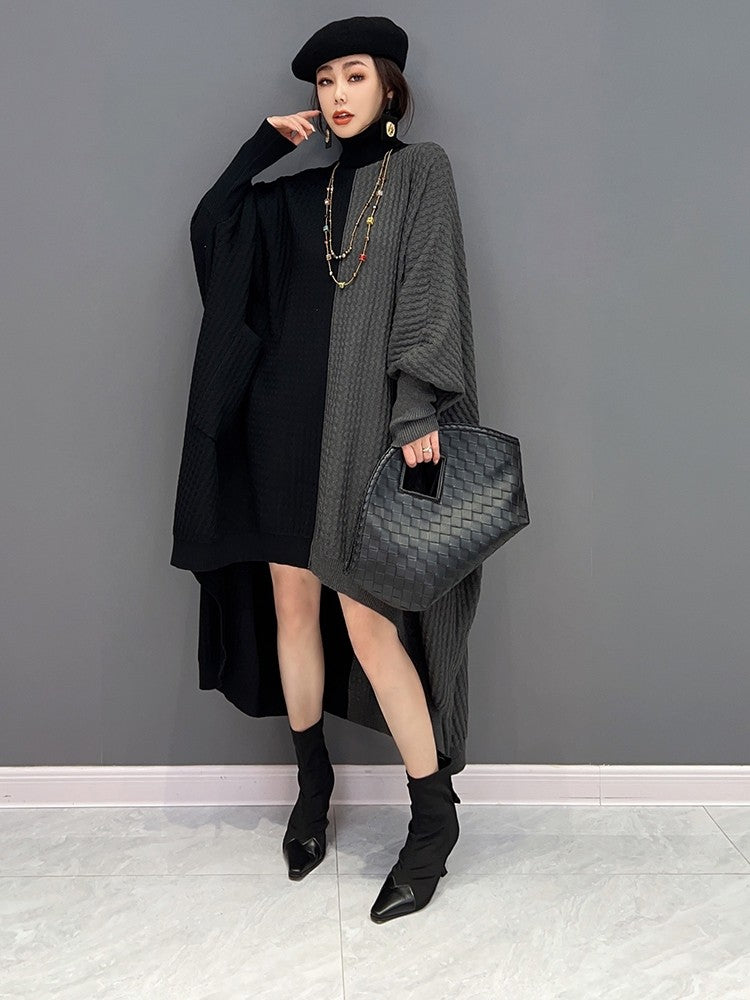 Fashionable knitted irregular turtleneck dress with bat sleeves