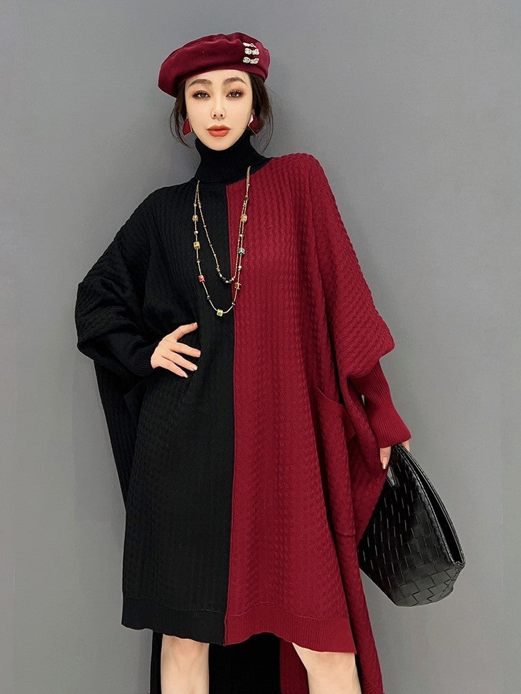 Fashionable knitted irregular turtleneck dress with bat sleeves