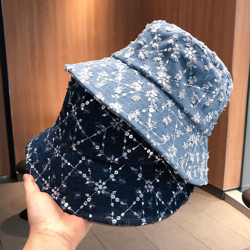 Bucket hat for women's sequin washed denim flower hat