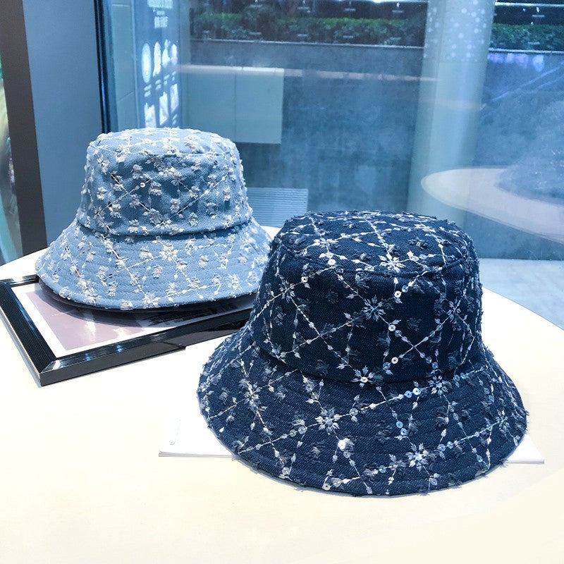 Bucket hat for women's sequin washed denim flower hat