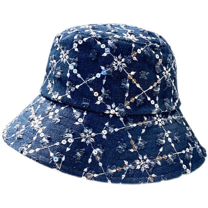 Bucket hat for women's sequin washed denim flower hat