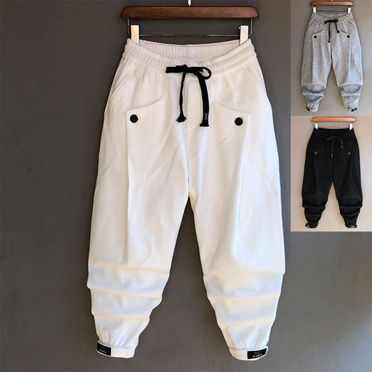 Men's White Casual Flow Folded Feet Sweatpants