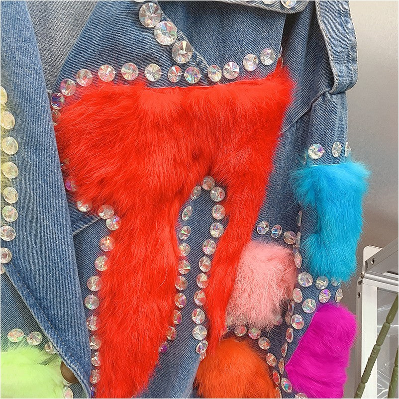 Colorful rabbit fur denim windbreaker jacket