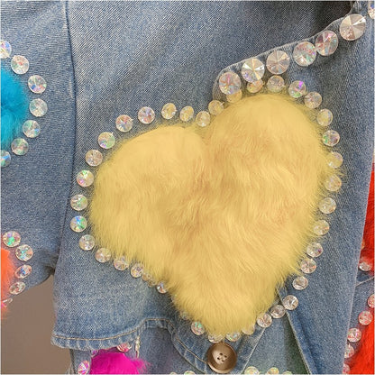 Colorful rabbit fur denim windbreaker jacket