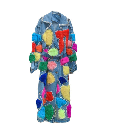 Colorful rabbit fur denim windbreaker jacket