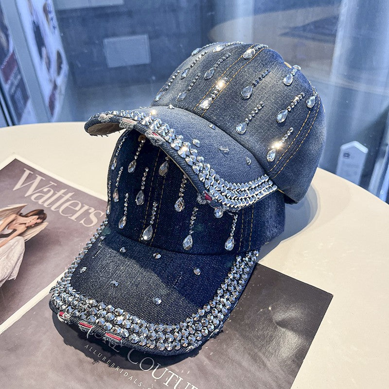 Rhinestone peaked hat water drop denim baseball cap