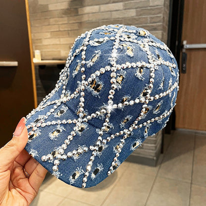 Ripped hat women's rhinestone baseball breathable peaked hat