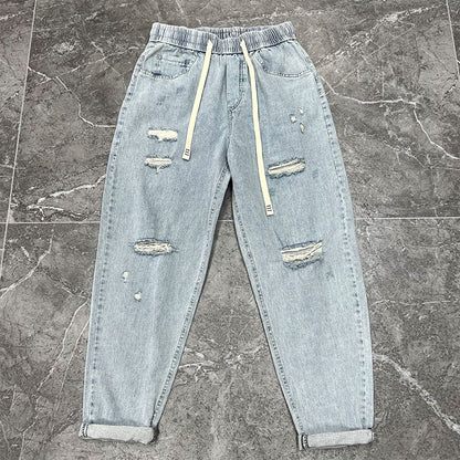 Men's thin distressed jeans