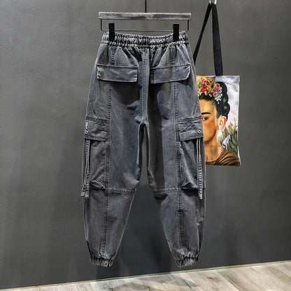 Strap denim men's  gray side pockets pants