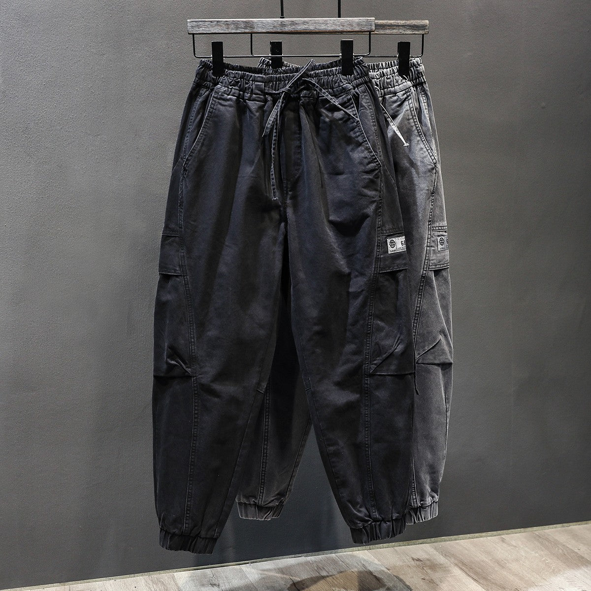 Strap denim men's  gray side pockets pants