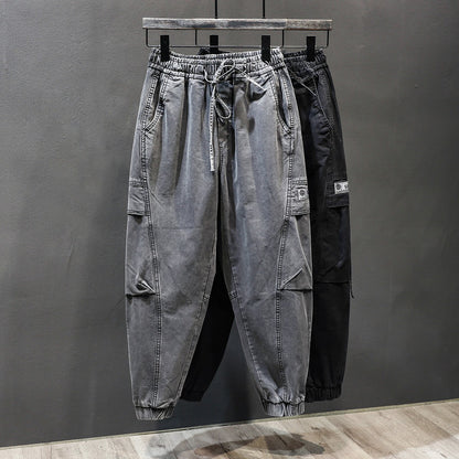 Strap denim men's  gray side pockets pants