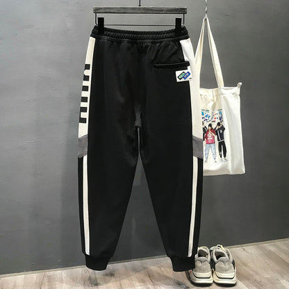 Strip side patchwork sports pants with drawstring