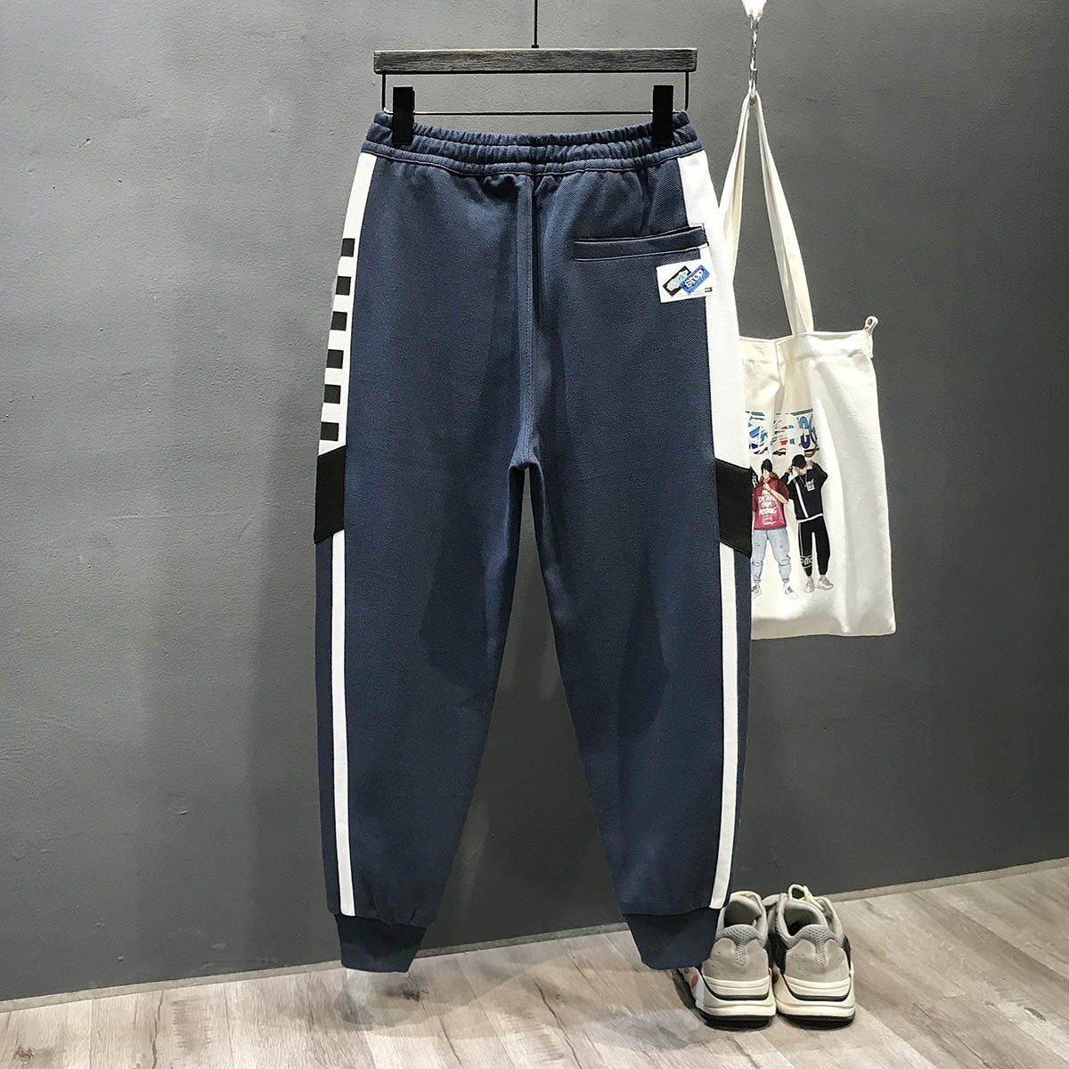 Strip side patchwork sports pants with drawstring