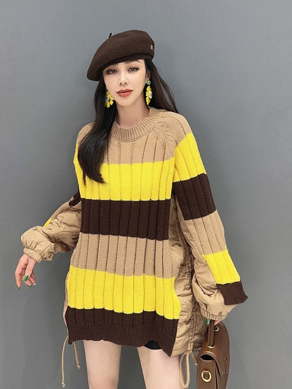 Color Matching Knitted Pullover Irregular Women's Sweater