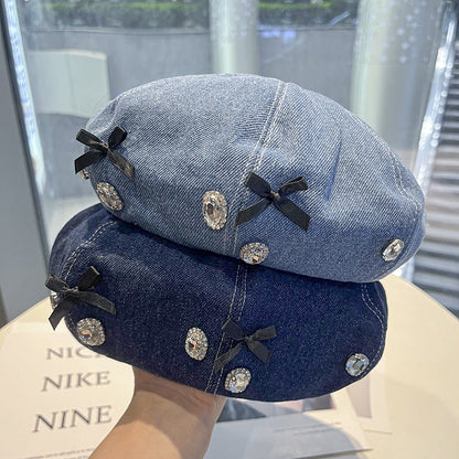 Denim literary rhinestone bow beret women's hat