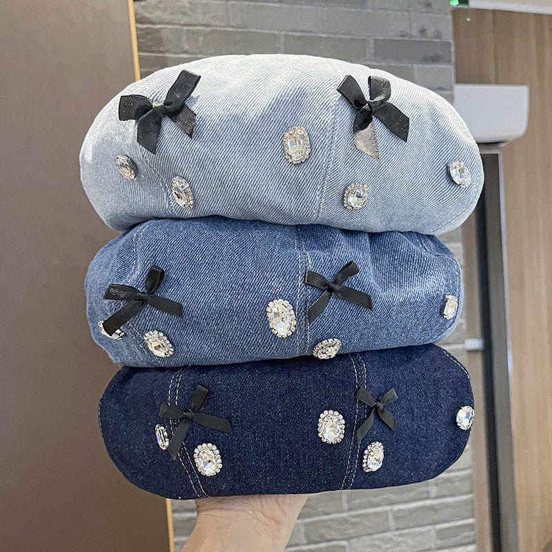 Denim literary rhinestone bow beret women's hat