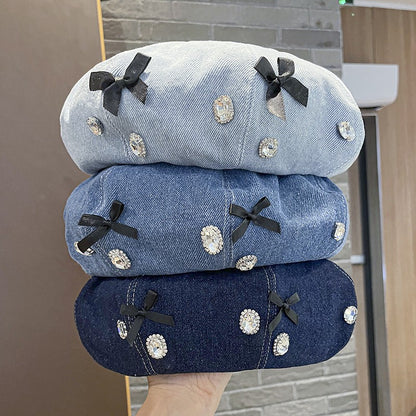 Denim literary rhinestone bow beret women's hat