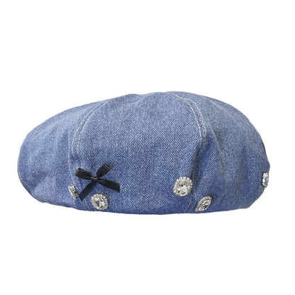 Denim literary rhinestone bow beret women's hat