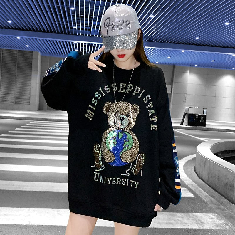 Over size Mid-length bear diamond loose sweatshirt