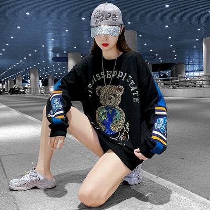 Over size Mid-length bear diamond loose sweatshirt