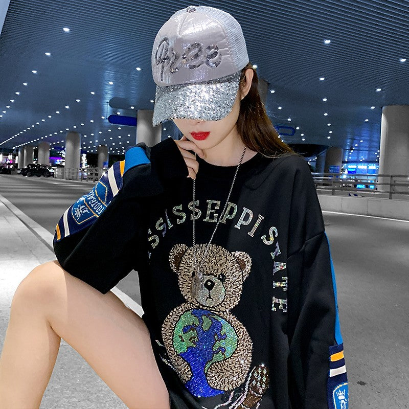 Over size Mid-length bear diamond loose sweatshirt